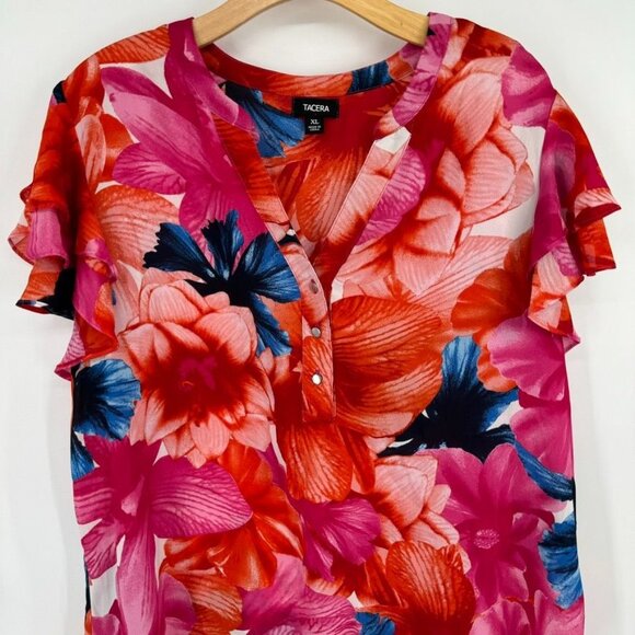 Tacera blouse Womens size  XL Red Pink floral Short Sleeve v neck flutter - Picture 4 of 9